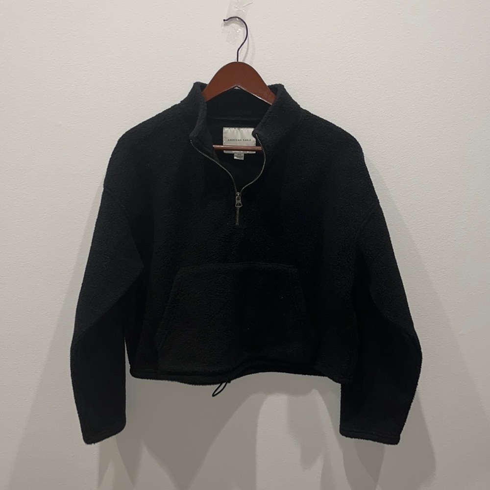 American Eagle Womens 1/2 Zip Black Fleece Pullover Cropped Shirt Sherpa